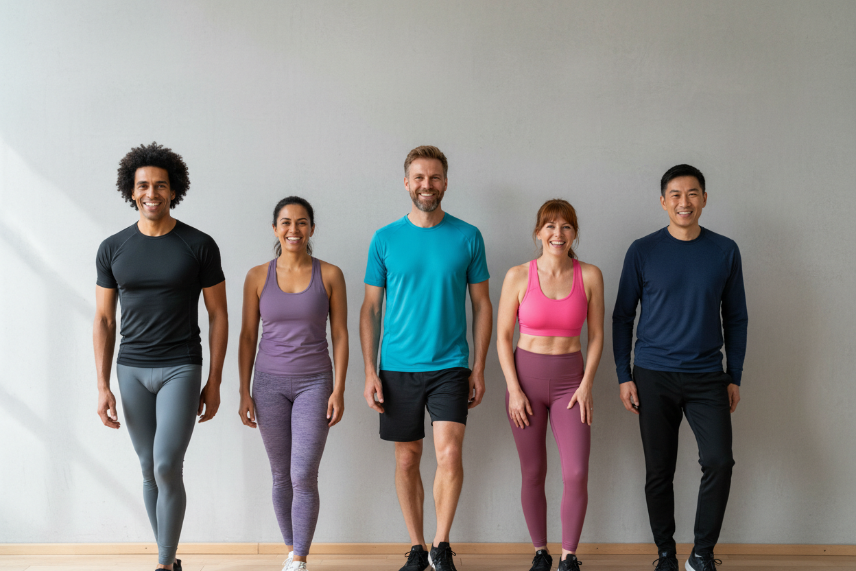 Träningsbanner med leende personer i naturliga poser